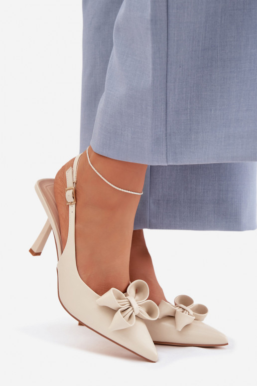 Sandálias femininas com salto fino com fitas bege Jonera