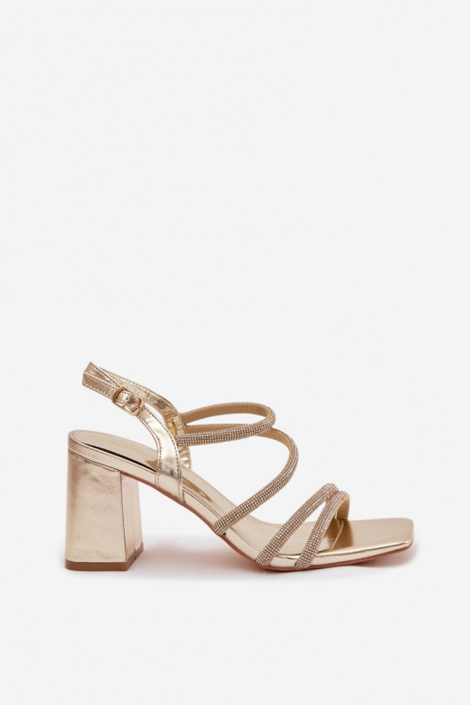 Sandálias femininas de salto alto com listras E zircões cor dourada Brelia
