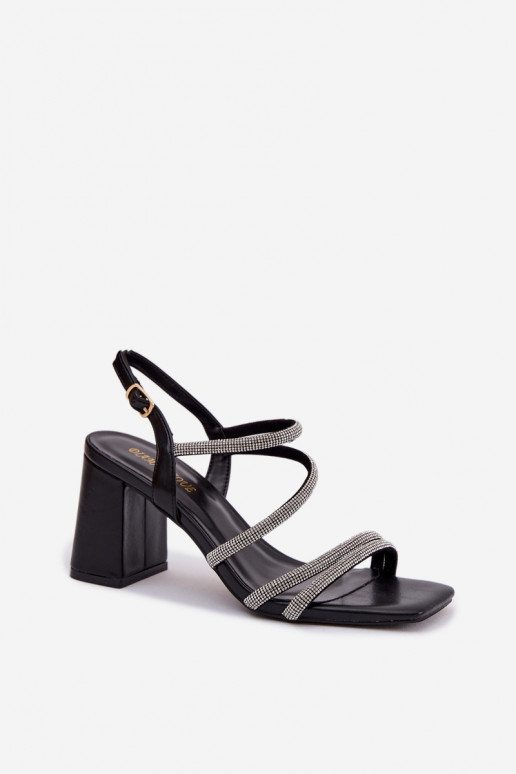 Sandálias femininas de salto alto com listras E zircões cor preta Brelia