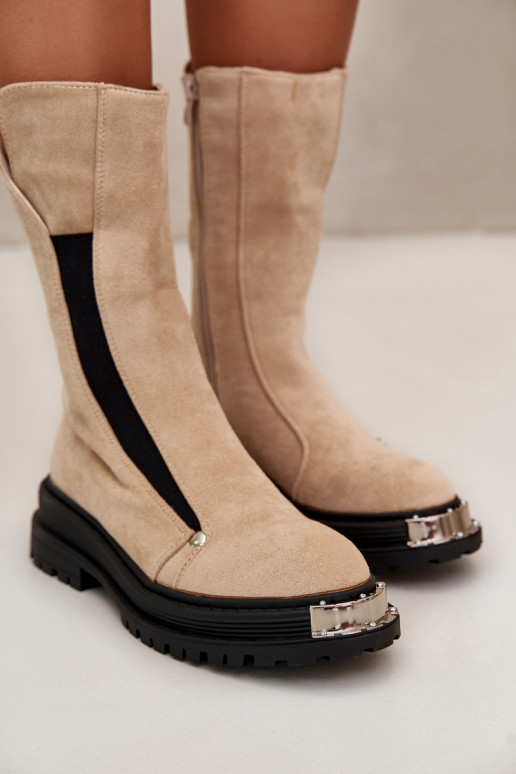 de camurça aquecimento Botas com salto largo cor de marfim Palimra