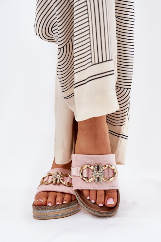 Chinelos femininos com uma plataforma com brilho I Złotą Ozdobą cor rosa Rilirea