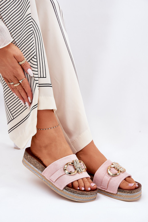 Chinelos femininos com uma plataforma com brilho I Złotą Ozdobą cor rosa Rilirea