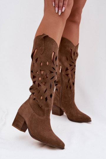 Botas de cano alto com elementos de renda em camurça natural Zazoo 3167 de cor areia 2