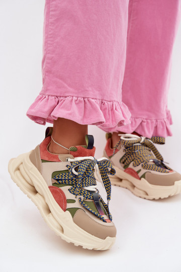 Tênis femininos de couro com plataforma D&A CR61-3133 cor areia
