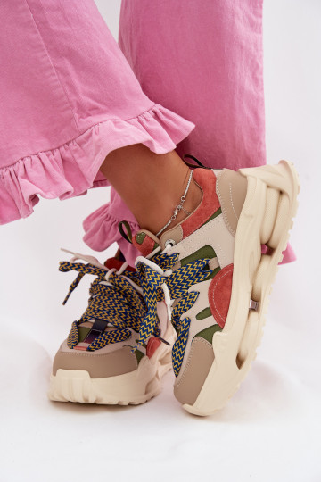 Tênis femininos de couro com plataforma D&A CR61-3133 cor areia 2