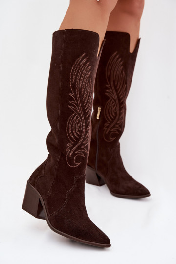 Botas altas de camurça estilo cowboy com salto Zazoo 3152 cor chocolate 2