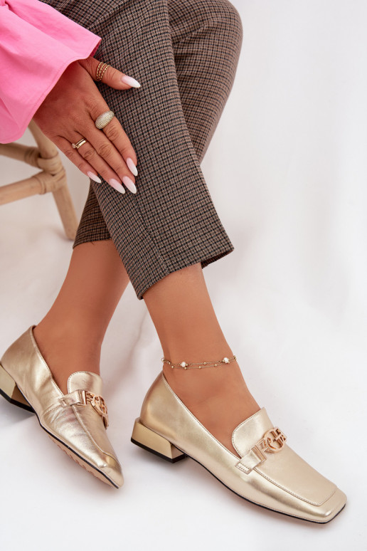 Pele mocassins femininos Com decorações Detalem D&A CR61-3125 cor dourada