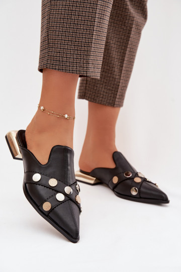 Chinelos de couro Mule Feminino com alças D&A CR61-3058 cor preta