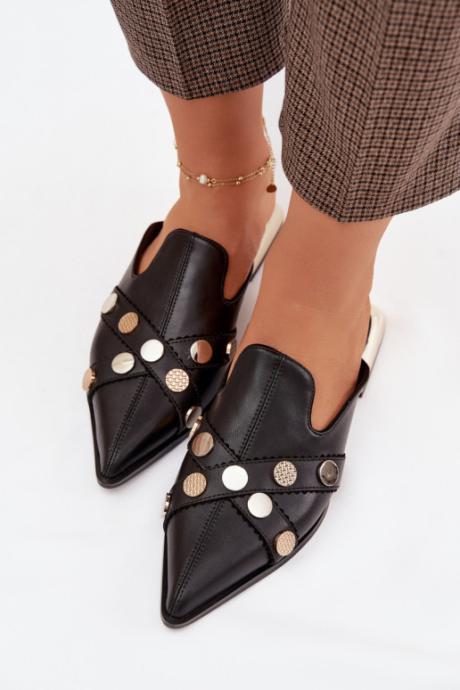 Chinelos de couro Mule Feminino com alças D&A CR61-3058 cor preta