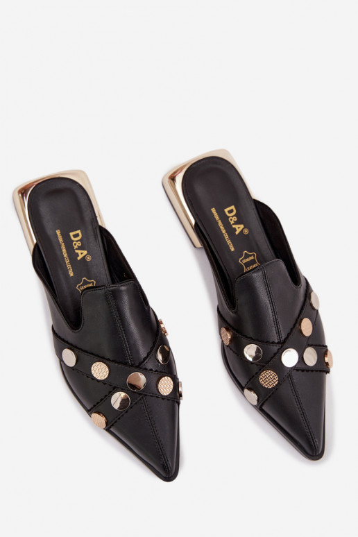 Chinelos de couro Mule Feminino com alças D&A CR61-3058 cor preta