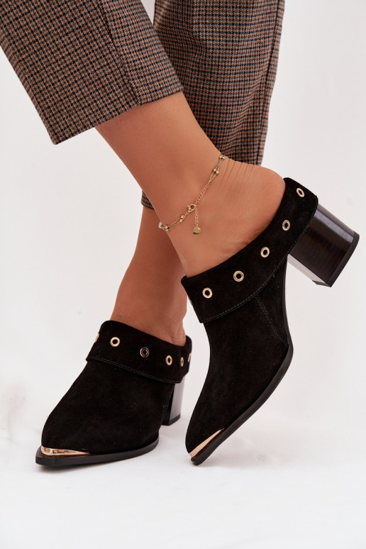 chinelos de camurça estilo vaqueiro Feminino com salto D&A CR61-3059 cor preta