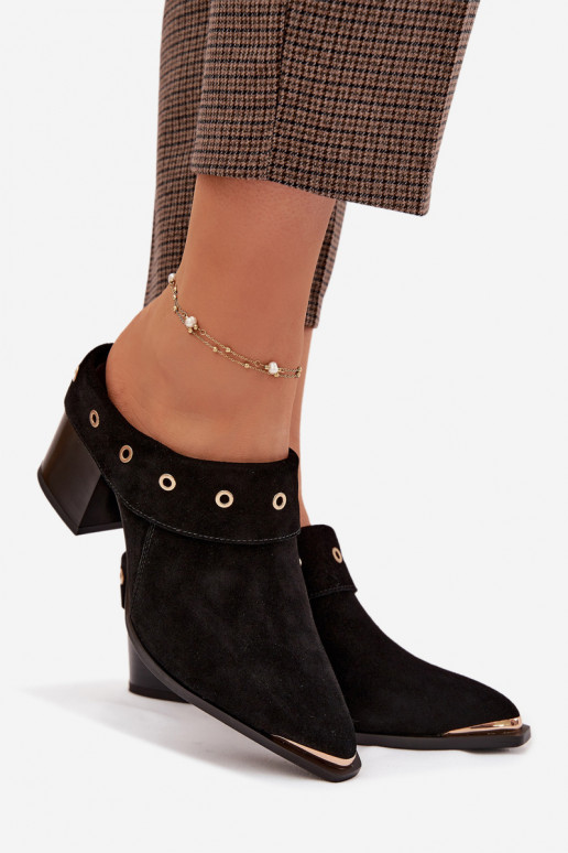 chinelos de camurça estilo vaqueiro Feminino com salto D&A CR61-3059 cor preta