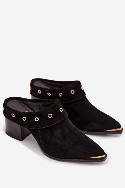 chinelos de camurça estilo vaqueiro Feminino com salto D&A CR61-3059 cor preta