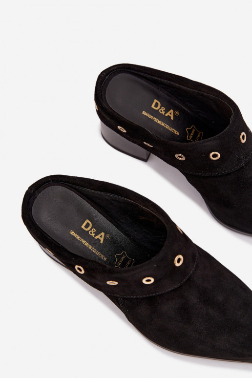 chinelos de camurça estilo vaqueiro Feminino com salto D&A CR61-3059 cor preta