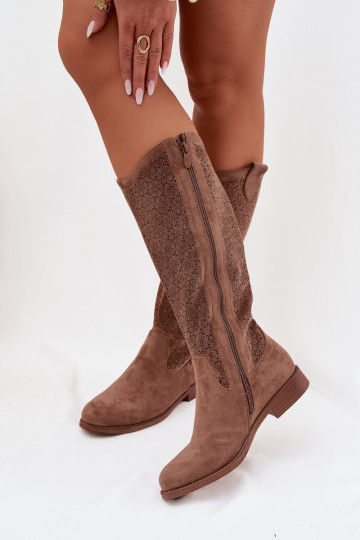 Botas femininas de cano alto com detalhes em renda e saltos largos S.Barski HY61-8022 cor marrom