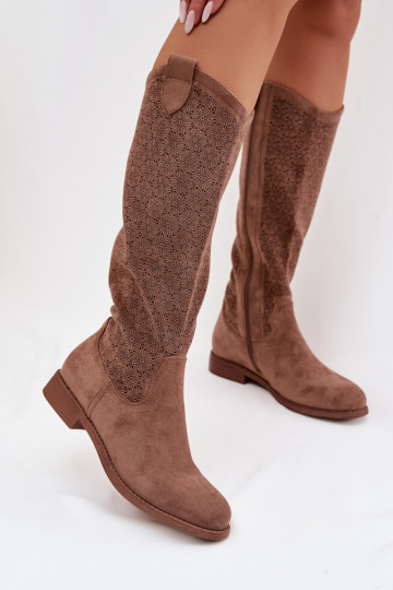 Botas femininas de cano alto com detalhes em renda e saltos largos S.Barski HY61-8022 cor marrom 2