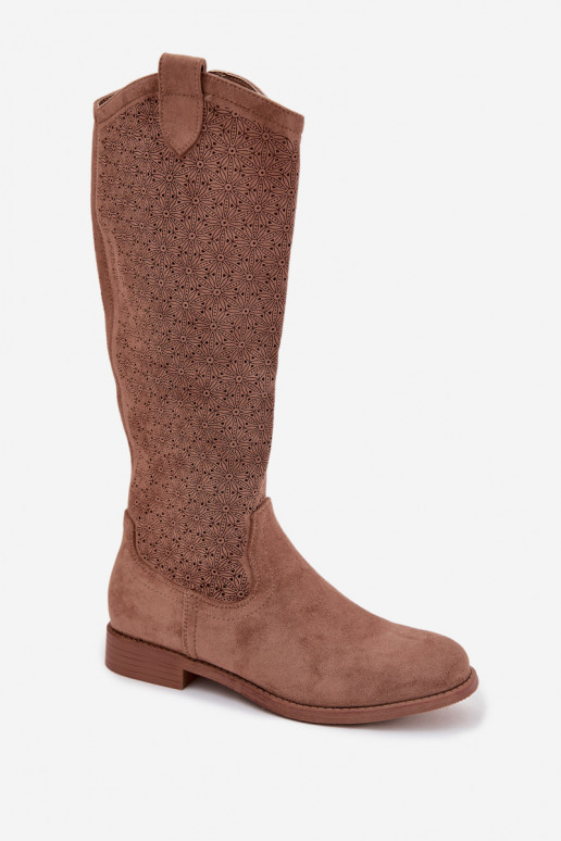 botas femininas com elementos abertos com salto largo S.Barski HY61-8022 cor marrom
