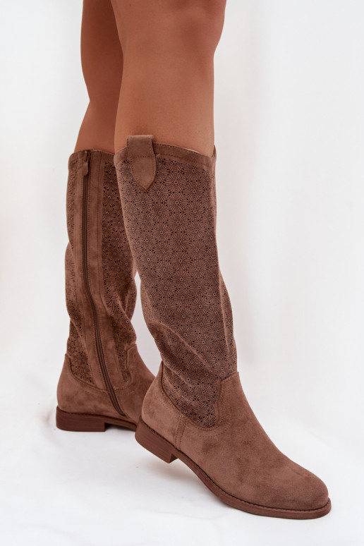 botas femininas com elementos abertos com salto largo S.Barski HY61-8022 cor marrom