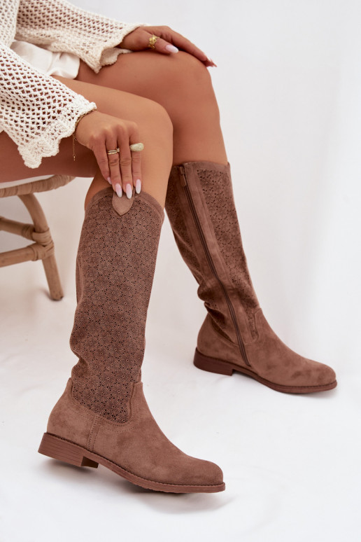 botas femininas com elementos abertos com salto largo S.Barski HY61-8022 cor marrom