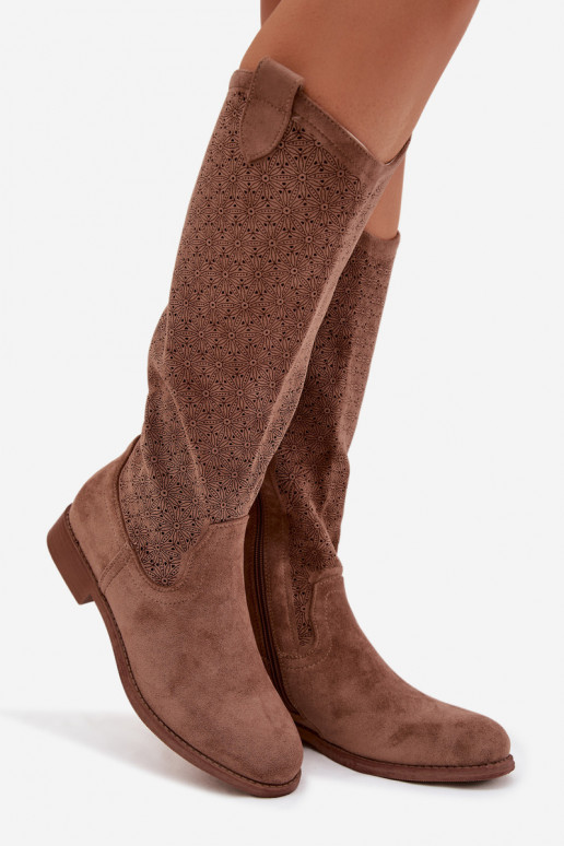 botas femininas com elementos abertos com salto largo S.Barski HY61-8022 cor marrom