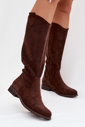 Botas femininas de cano alto com detalhes em renda e saltos largos S.Barski HY61-8022 cor chocolate