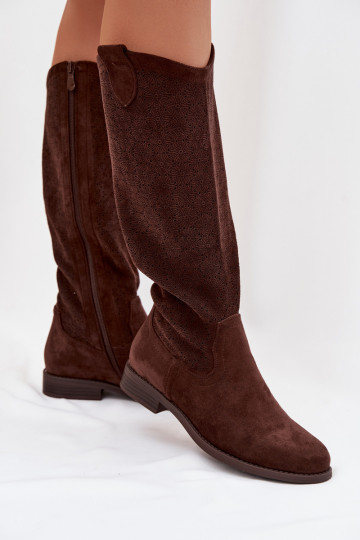 Botas femininas de cano alto com detalhes em renda e saltos largos S.Barski HY61-8022 cor chocolate 2