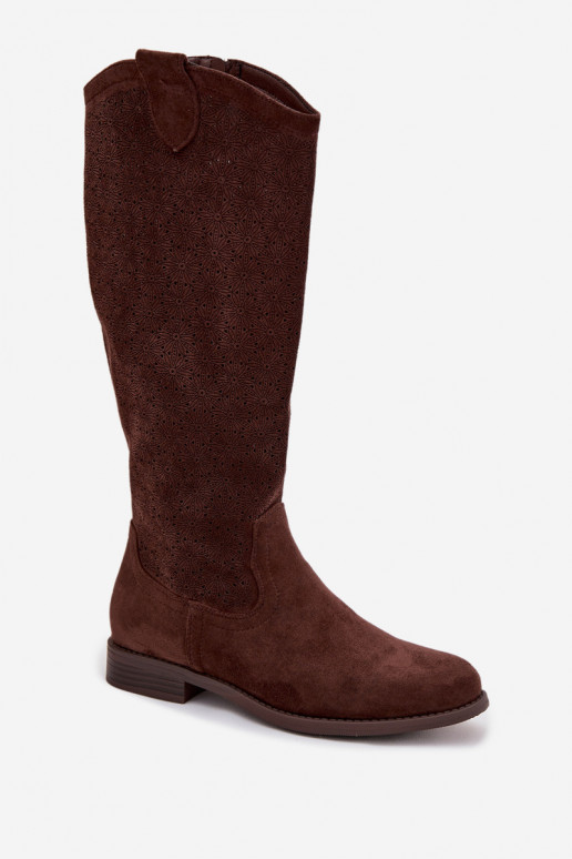 botas femininas com elementos abertos com salto largo S.Barski HY61-8022 CzekoladoParae