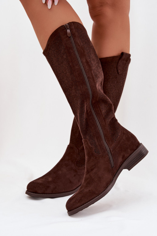 botas femininas com elementos abertos com salto largo S.Barski HY61-8022 CzekoladoParae