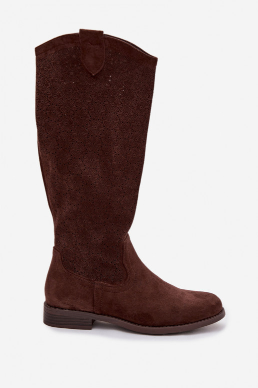 botas femininas com elementos abertos com salto largo S.Barski HY61-8022 CzekoladoParae