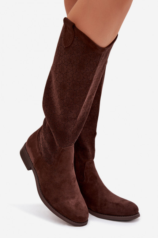 botas femininas com elementos abertos com salto largo S.Barski HY61-8022 CzekoladoParae
