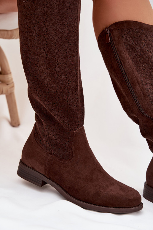 botas femininas com elementos abertos com salto largo S.Barski HY61-8022 CzekoladoParae