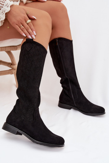 Botas femininas de cano alto com detalhes em renda e saltos largos S.Barski HY61-8022 cor preta