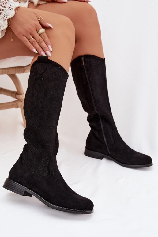 botas femininas com elementos abertos com salto largo S.Barski HY61-8022 cor preta