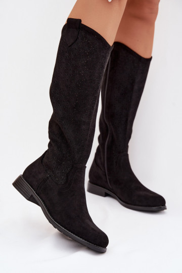 Botas femininas de cano alto com detalhes em renda e saltos largos S.Barski HY61-8022 cor preta 2