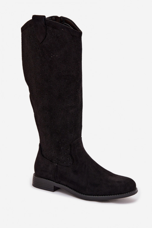 botas femininas com elementos abertos com salto largo S.Barski HY61-8022 cor preta