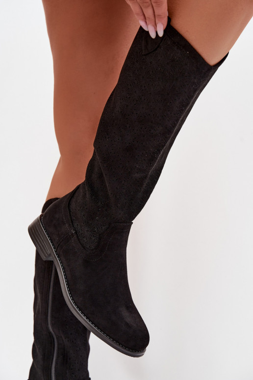 botas femininas com elementos abertos com salto largo S.Barski HY61-8022 cor preta