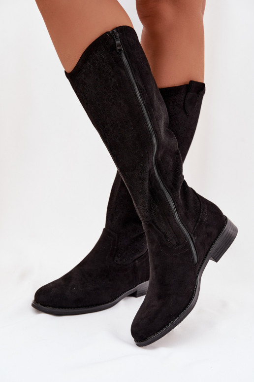 botas femininas com elementos abertos com salto largo S.Barski HY61-8022 cor preta