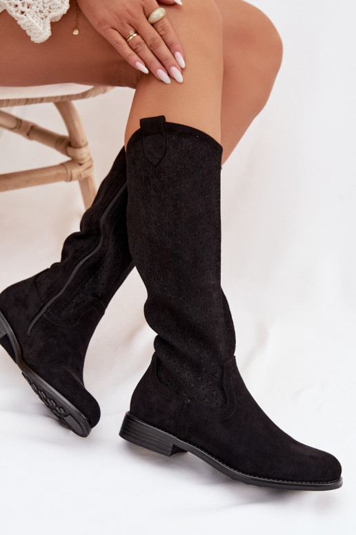 botas femininas com elementos abertos com salto largo S.Barski HY61-8022 cor preta
