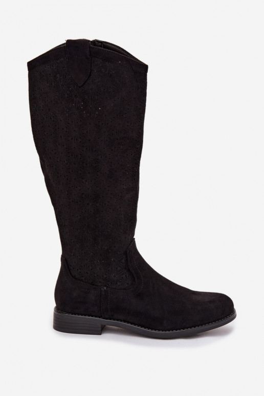 botas femininas com elementos abertos com salto largo S.Barski HY61-8022 cor preta
