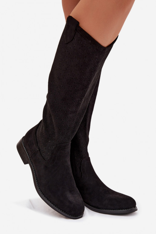 botas femininas com elementos abertos com salto largo S.Barski HY61-8022 cor preta