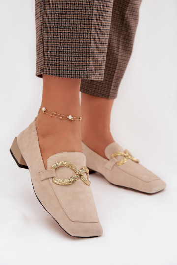Mocassins femininos de camurça com detalhes dourados D&A CR61-3115 cor areia 2