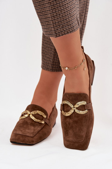Mocassins femininos de camurça com detalhes dourados D&A CR61-3115 cor marrom
