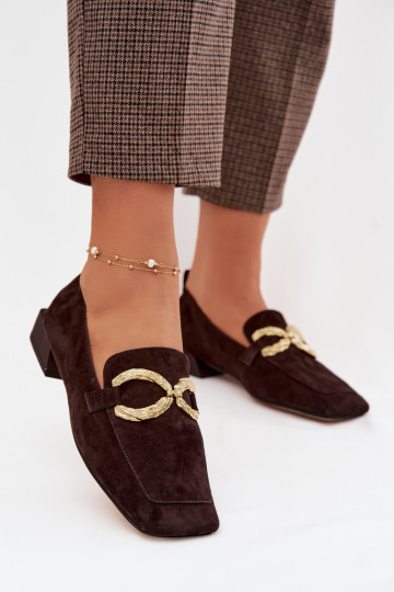 Mocassins femininos de camurça com detalhes dourados D&A CR61-3115 cor chocolate 2