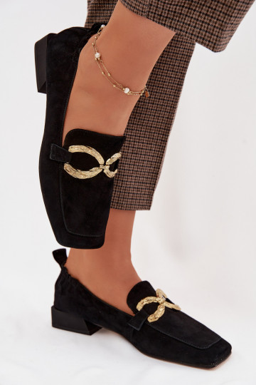 Mocassins femininos de camurça com detalhes dourados D&A CR61-3115 cor preta