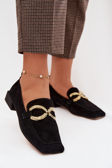 Mocassins femininos de camurça com detalhes dourados D&A CR61-3115 cor preta 2