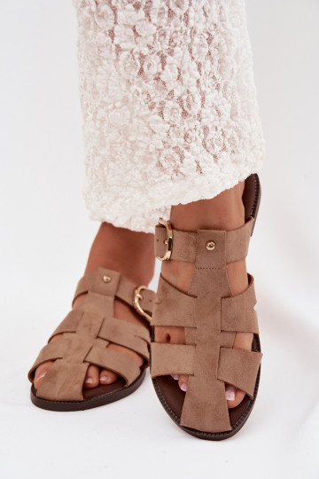 Chinelos femininos com salto largo com listras I Złotą com fivelas bege Elzora