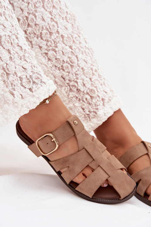 Chinelos femininos com salto largo com listras I Złotą com fivelas bege Elzora