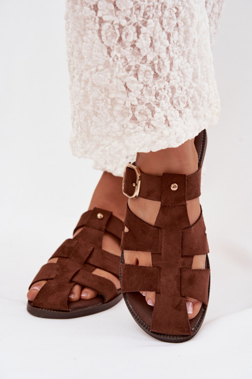 Chinelos femininos com salto largo com listras I Złotą com fivelas cor marrom Elzora