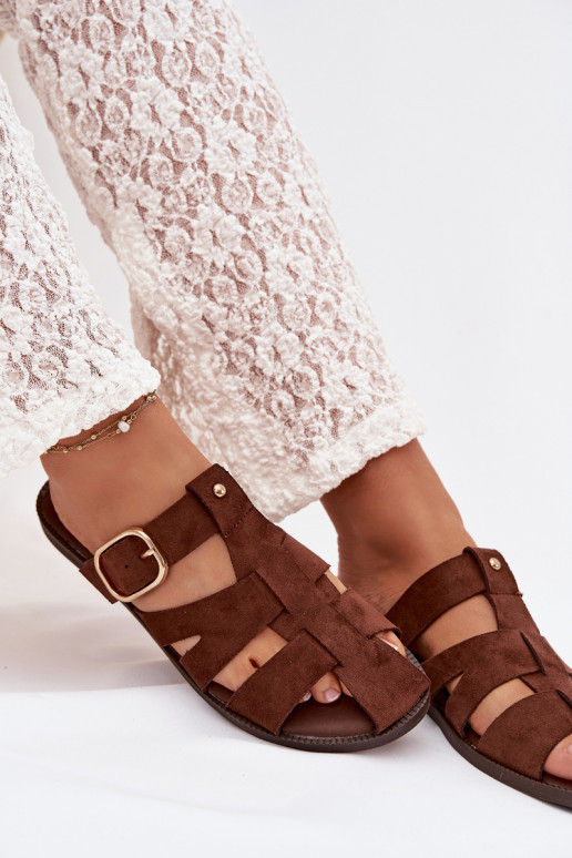 Chinelos femininos com salto largo com listras I Złotą com fivelas cor marrom Elzora