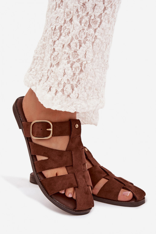 Chinelos femininos com salto largo com listras I Złotą com fivelas cor marrom Elzora